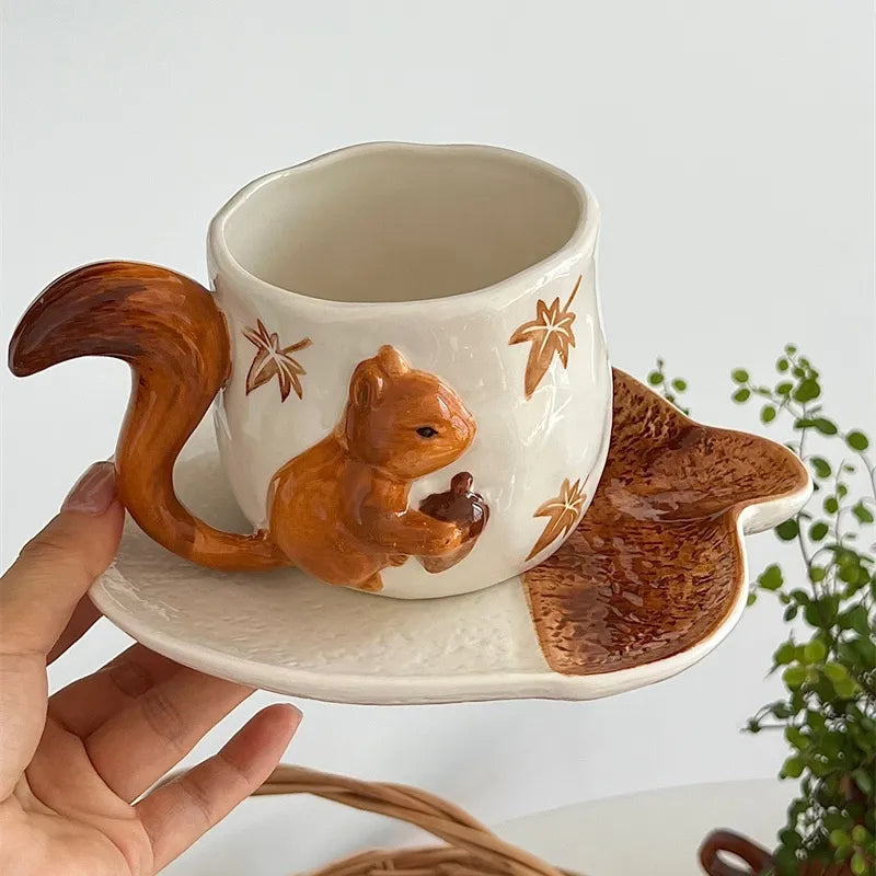 3D Squirrel Ceramic Mug Set - Handcrafted Animal Design Coffee Cup, High-Unique Gift