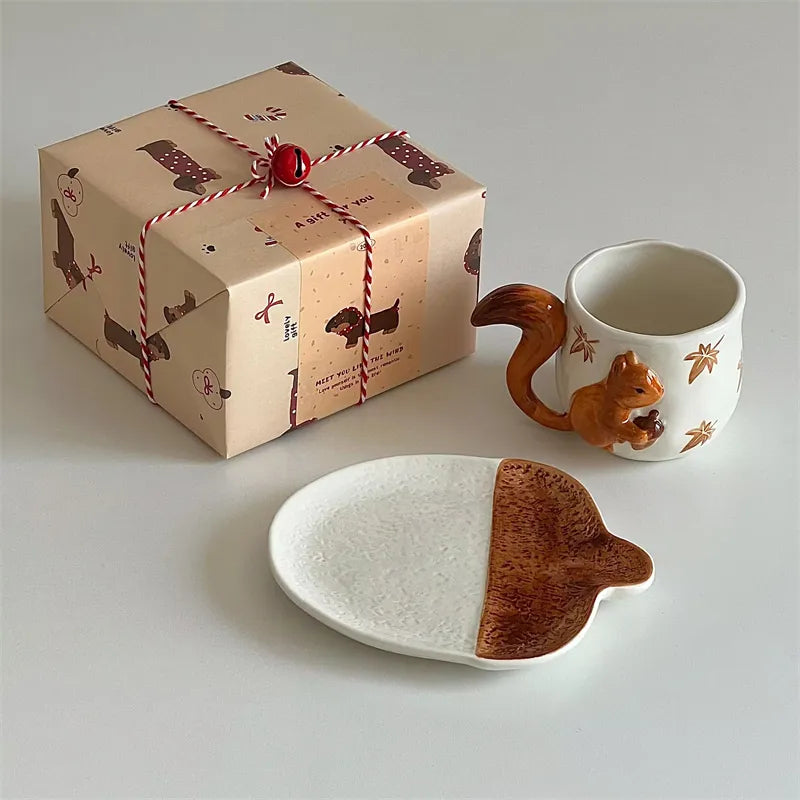 3D Squirrel Ceramic Mug Set - Handcrafted Animal Design Coffee Cup, High-Unique Gift