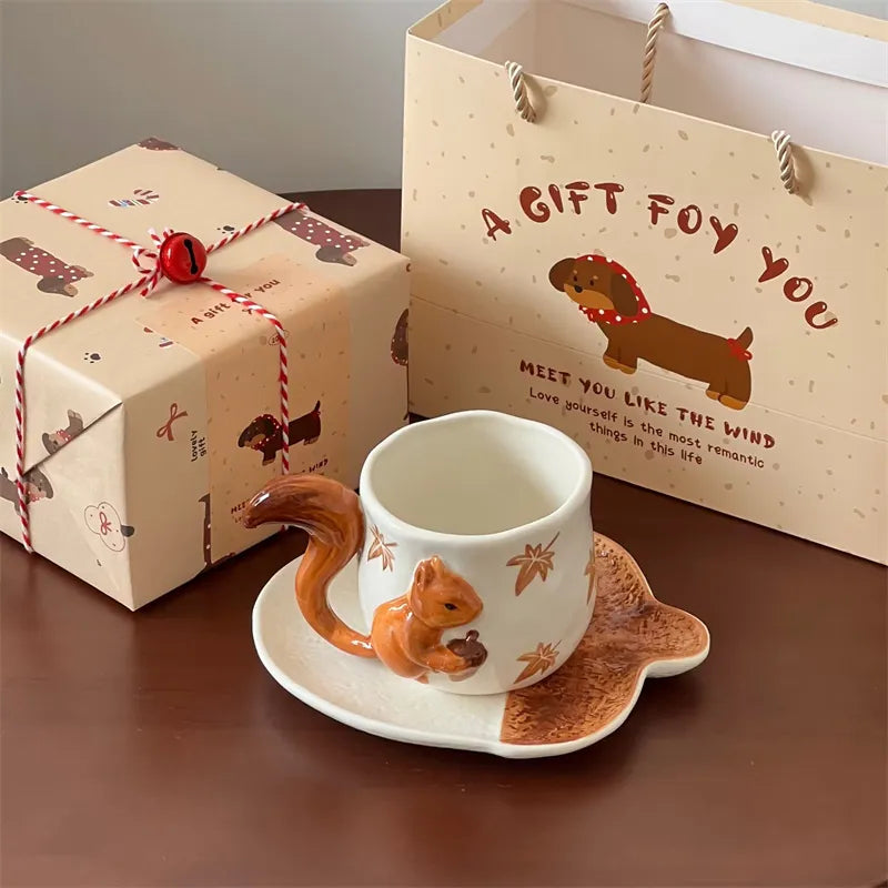 3D Squirrel Ceramic Mug Set - Handcrafted Animal Design Coffee Cup, High-Unique Gift
