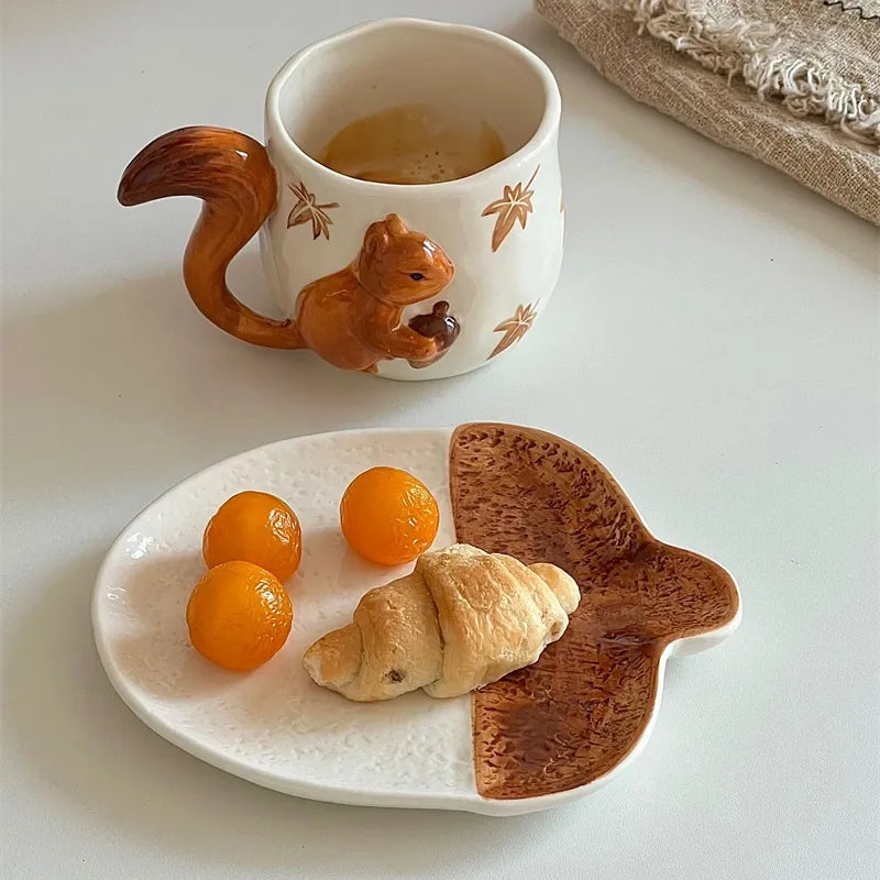 3D Squirrel Ceramic Mug Set - Handcrafted Animal Design Coffee Cup, High-Unique Gift