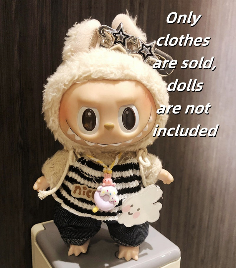 Labubu Clothes-Black and White Striped Vest and Jeans Set
