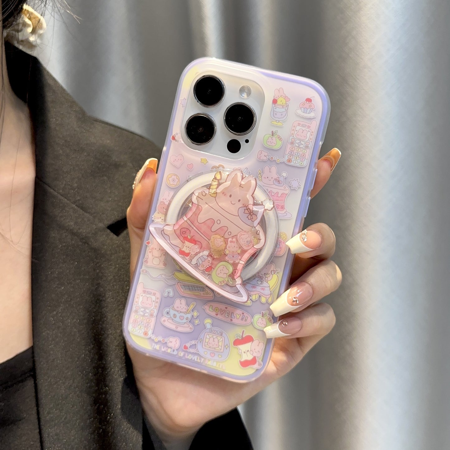 Bunny on Cake Illustration Phone Case + Glitter Sand Wobble Phone Stand