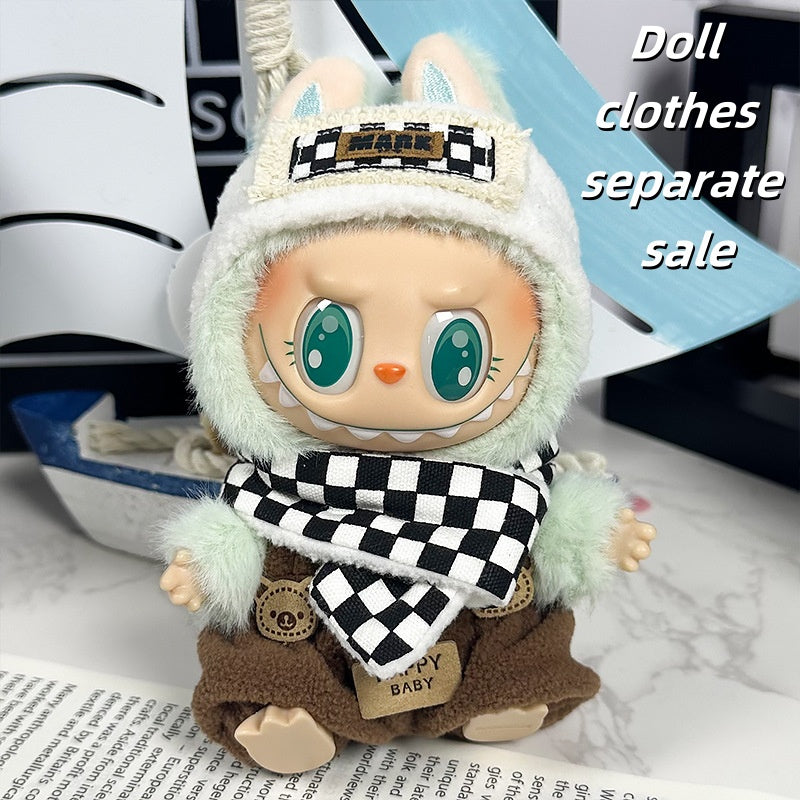 Labubu Outfit 17cm- Black Plaid Set (Headband + Overalls + Scarf)