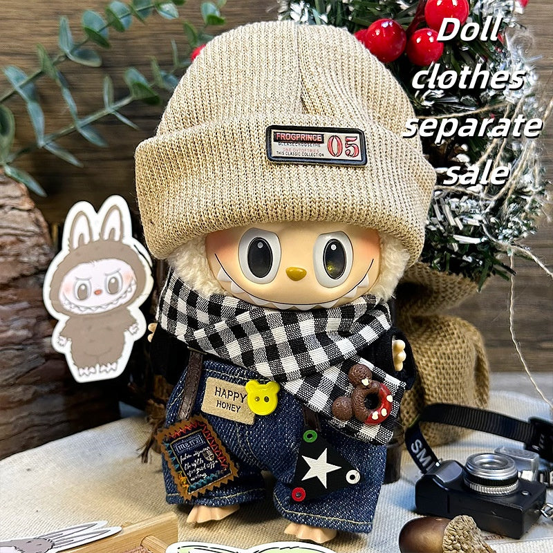 Labubu Clothes 17cm-Forest Series (Knit Beanie + Overalls + Black Hoodie + Scarf)