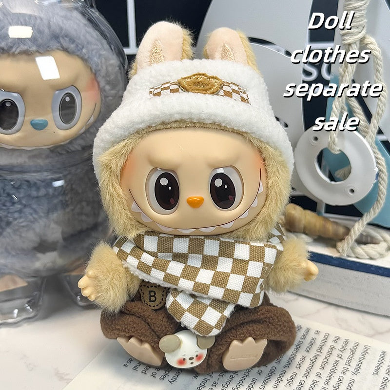 Labubu Clothes 17cm -Plaid Set-(Headband + Overalls + Scarf)