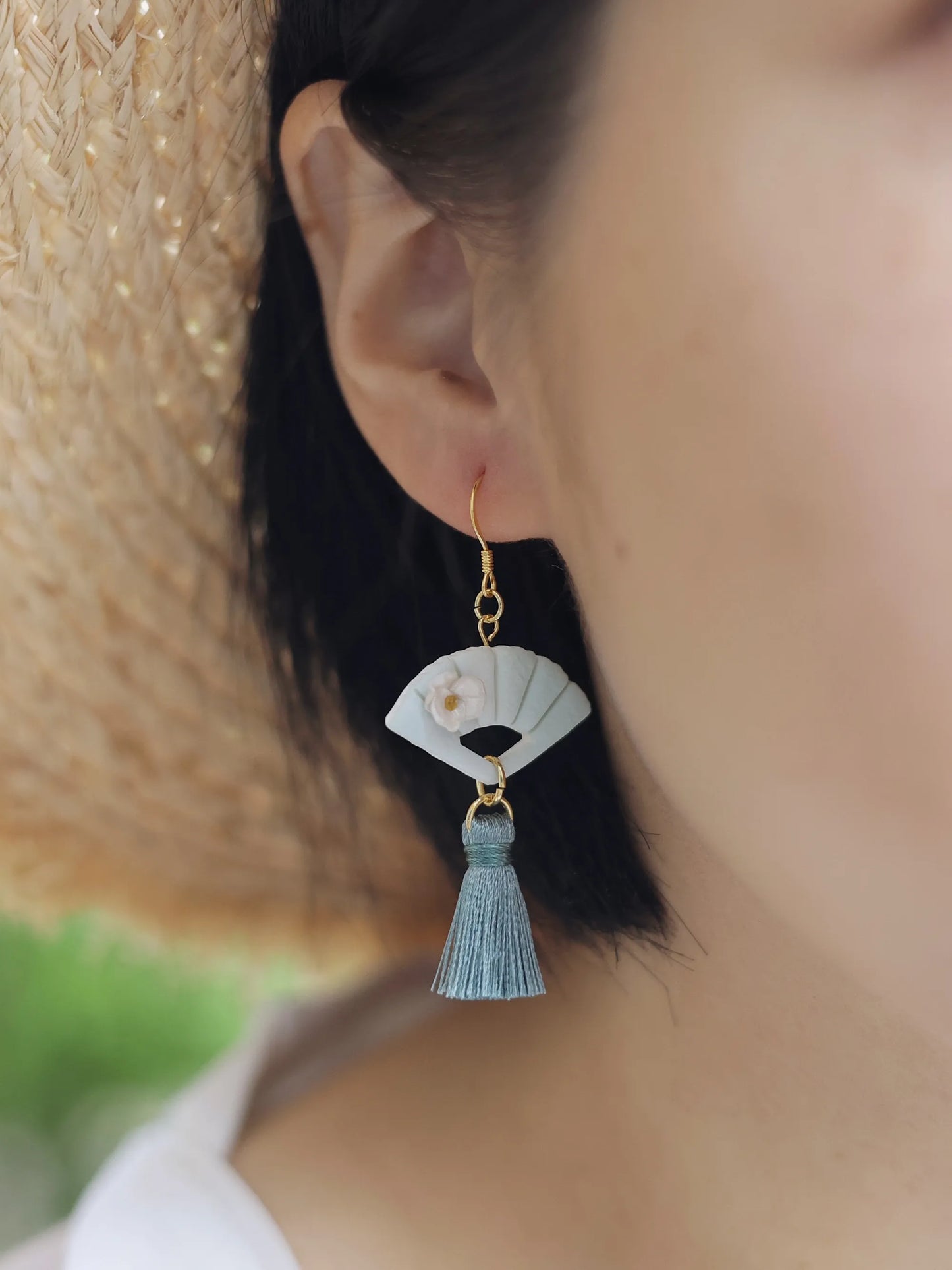 Chinese Style Folding Fan Earrings-Handmade Soft Polymer Clay-Tassel Drop