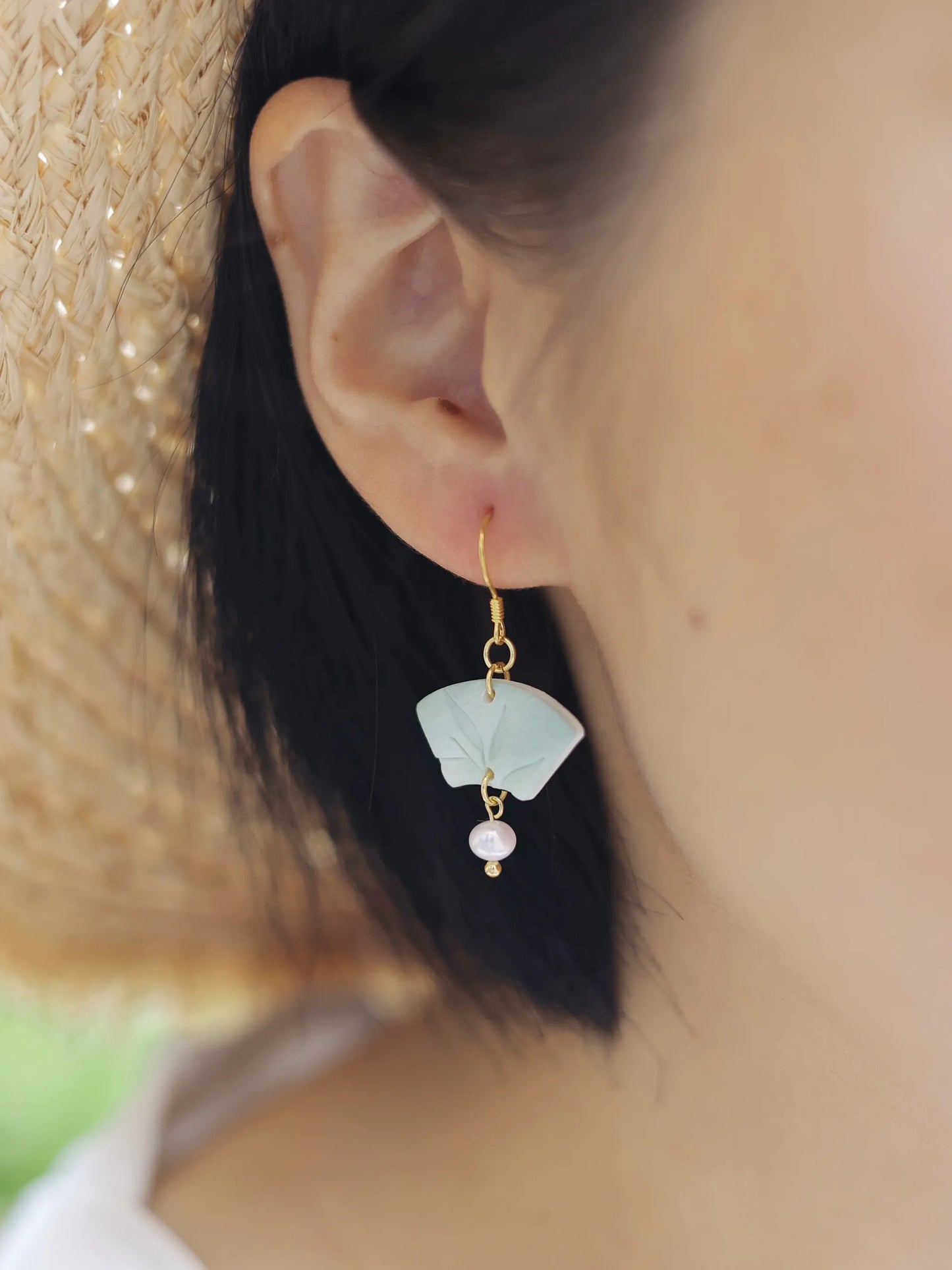 Chinese Style Folding Fan Earrings-Handmade Soft Polymer Clay-Pearl Drop