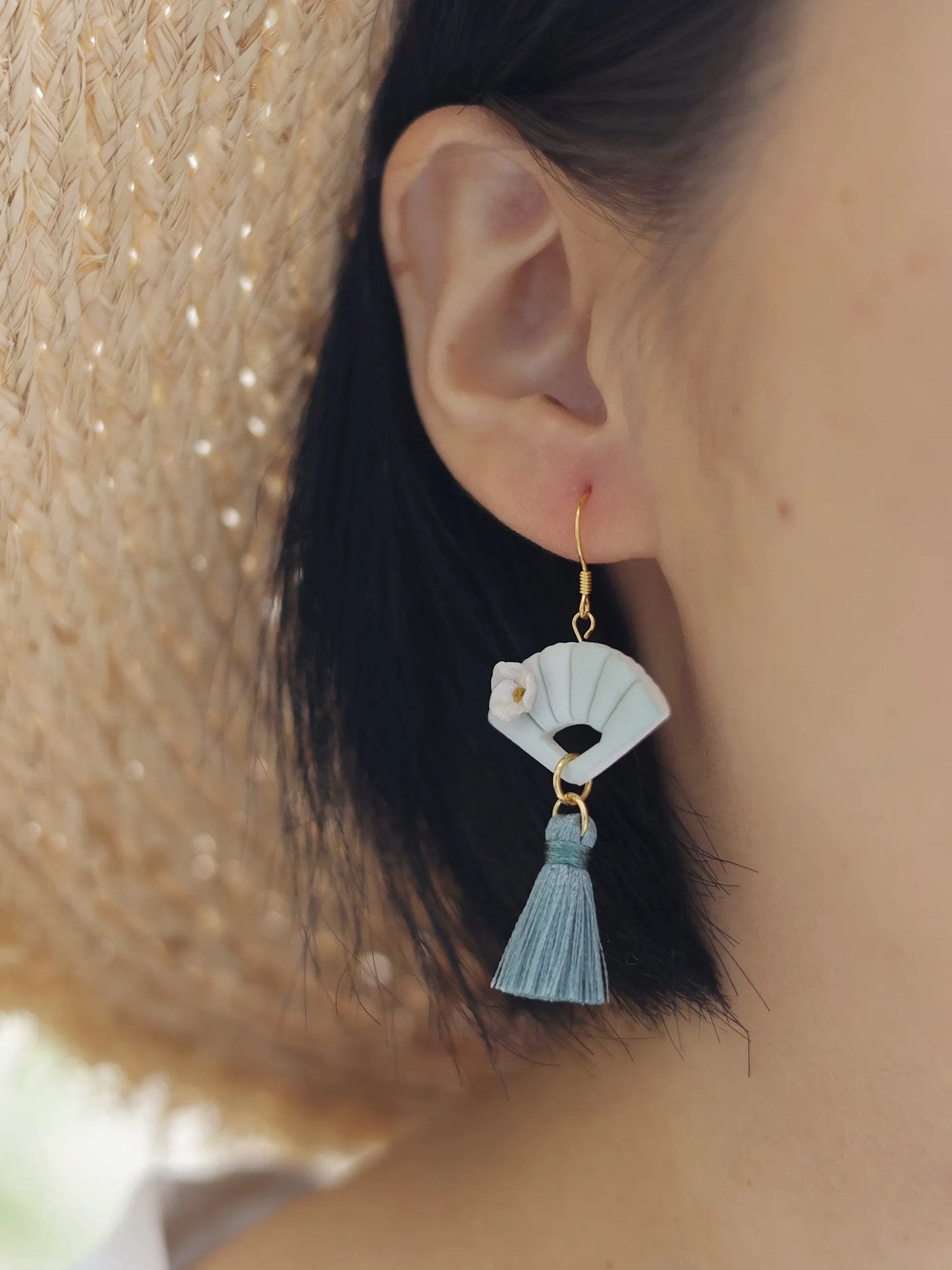 Chinese Style Folding Fan Earrings-Handmade Soft Polymer Clay-Tassel Drop