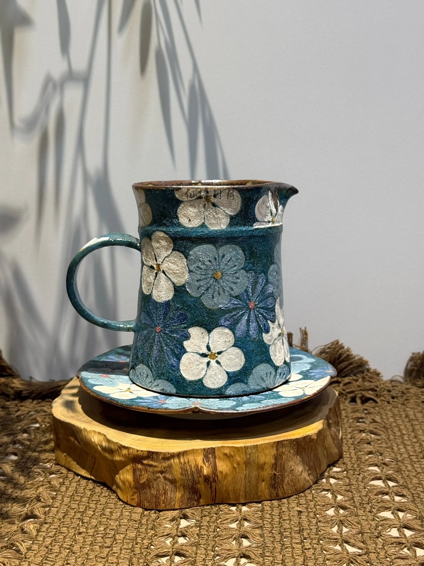 Original Artist Ceramic Cup | Retro Indigo Blue Floral Pattern Ceramic Tea Cup