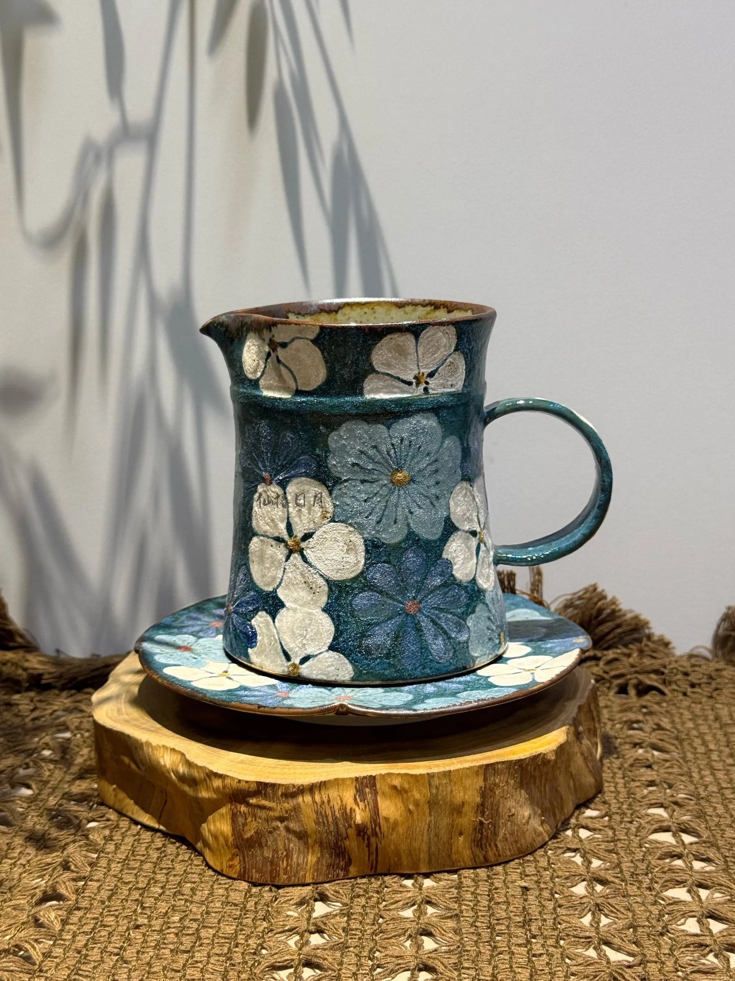 Original Artist Ceramic Cup | Retro Indigo Blue Floral Pattern Ceramic Tea Cup