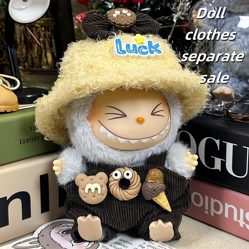 Labubu Clothes -Brown Donut Outfit Set (Luck Hat + Hair Accessory + Overalls)