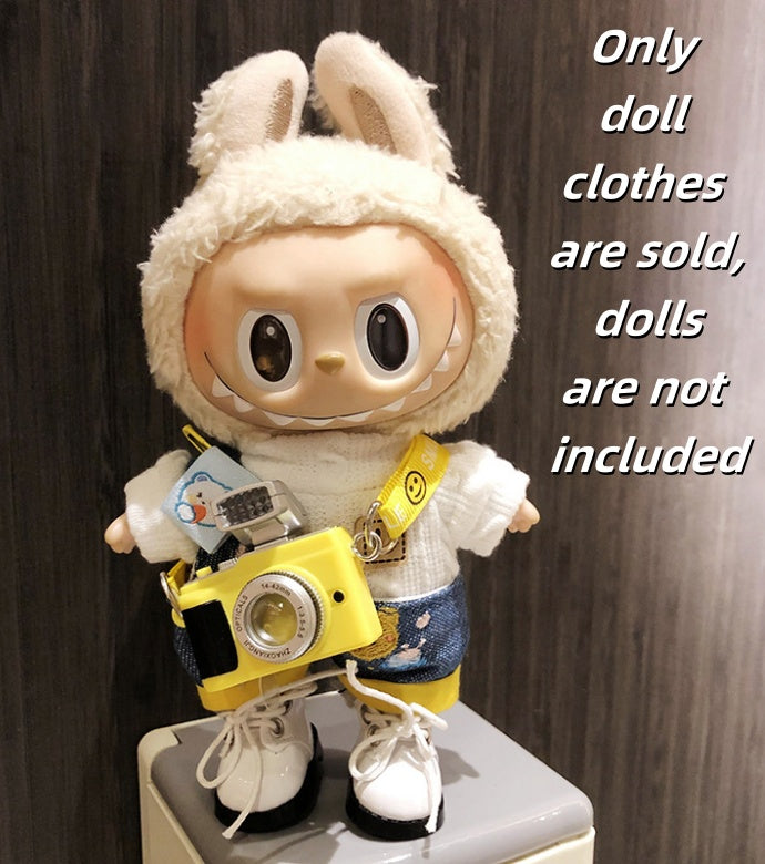 Labubu Clothes-White Shirt with Bear Overalls, Camera, and Shoes