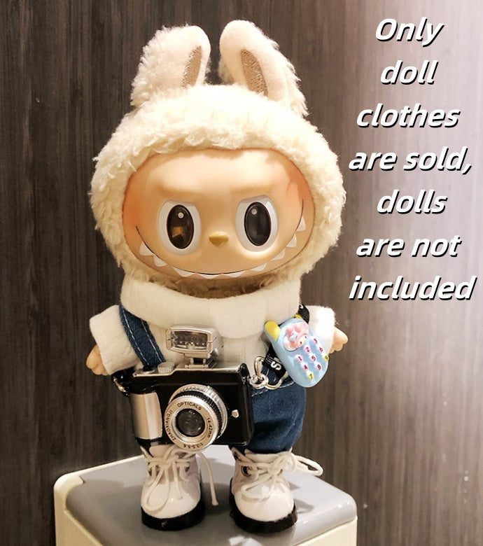 Labubu Clothes 17cm-White Shirt with Overalls, Camera, and Shoes