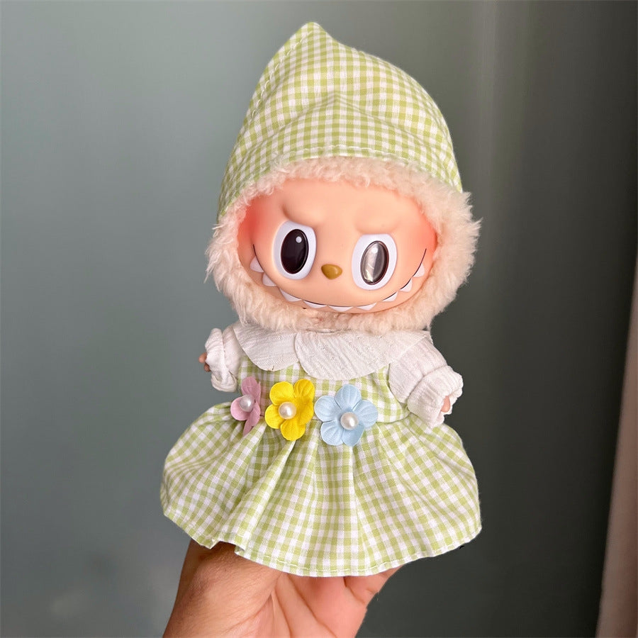 17cm Labubu Outfit - Green Floral Check Dress | Kawaii Doll Gown
