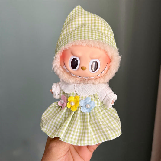 17cm Labubu Outfit - Green Floral Check Dress | Kawaii Doll Gown