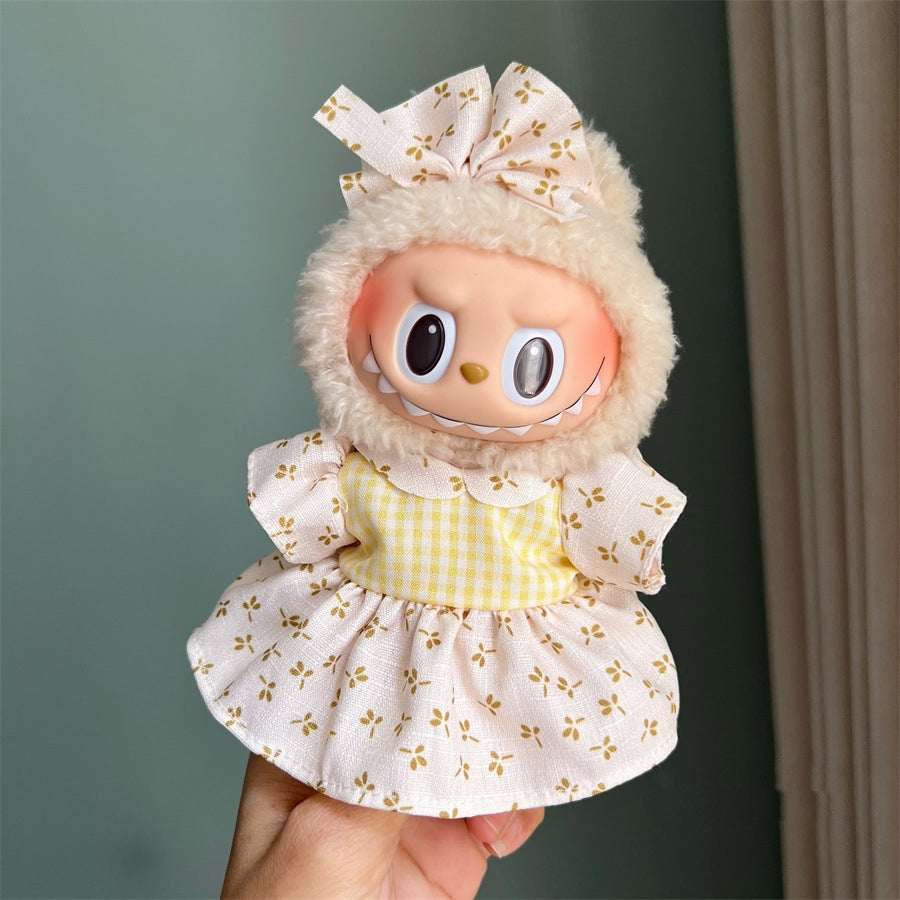 17cm Labubu Yellow Top & Floral Skirt Set - Kawaii Doll Outfit