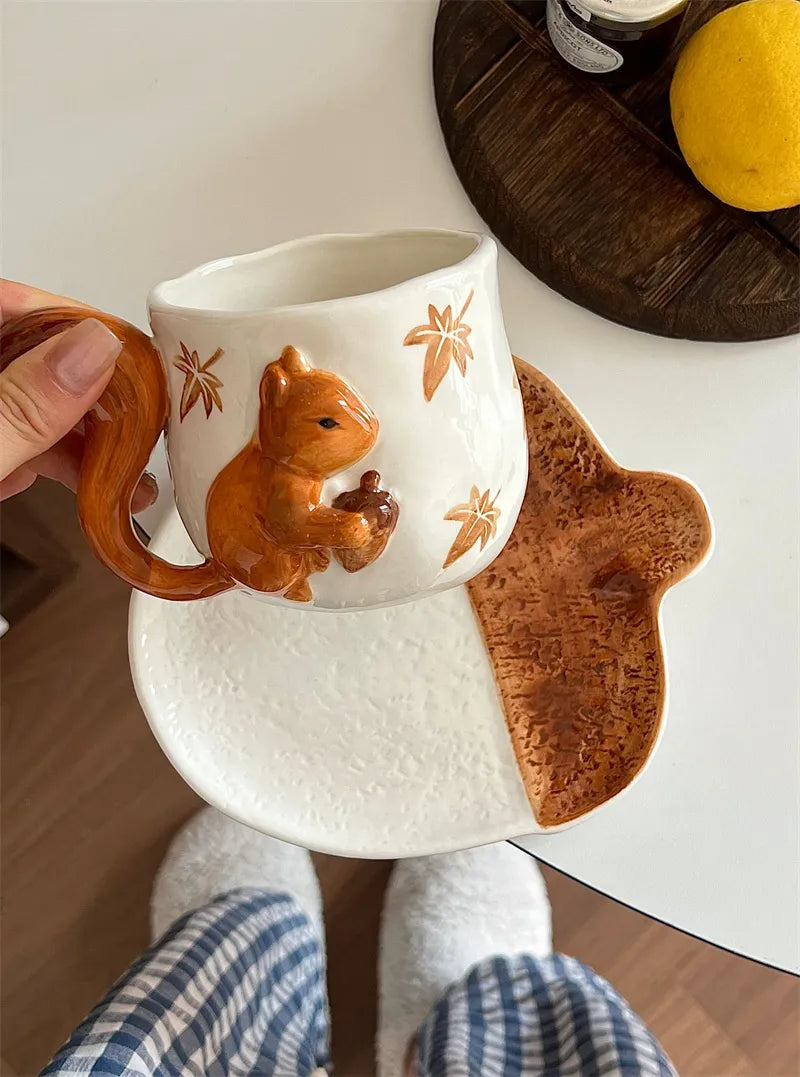 3D Squirrel Ceramic Mug Set - Handcrafted Animal Design Coffee Cup, High-Unique Gift