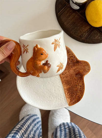 3D Squirrel Ceramic Mug Set - Handcrafted Animal Design Coffee Cup, High-Unique Gift