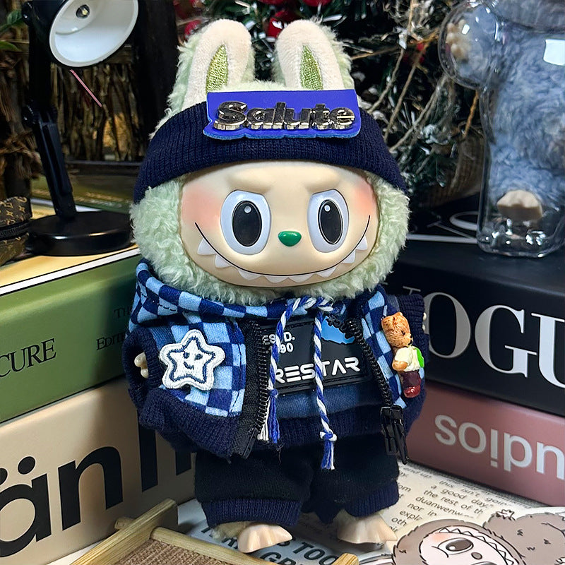 Labubu Clothes 17cm-Navy Plaid Set (Headband + Jacket + Hoodie + Joggers)