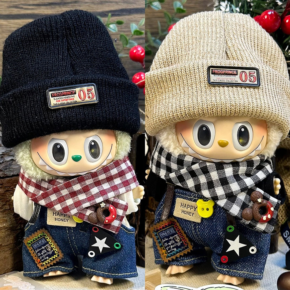 Labubu Clothes 17cm -Forest Series (Knit Hat + Overalls + White Hoodie + Scarf)