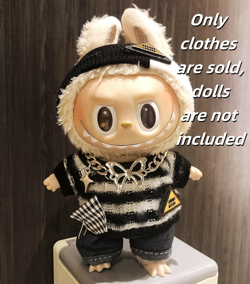 Labubu Clothes-Black and White Striped Top with Butterfly Accents and Jeans Set