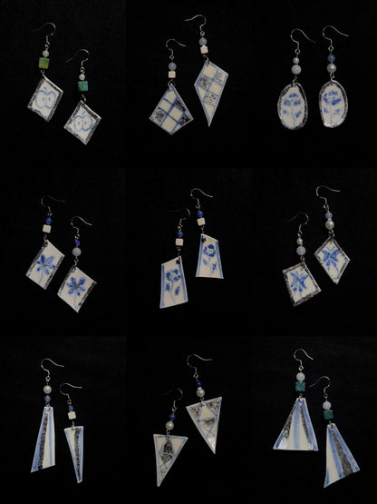 Glazed Grid Earrings - Blue, White & Silver Accent