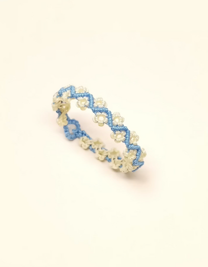 Blue and White Friendship Bracelet, Handwoven Floral Design