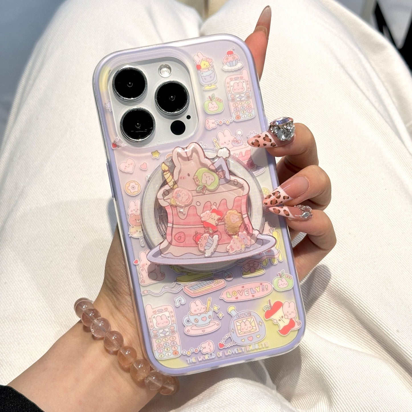 Bunny on Cake Illustration Phone Case + Glitter Sand Wobble Phone Stand