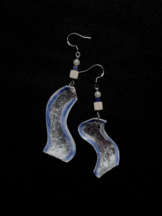 Ceramic River Curve Earrings - Flowing Blue & White S-Shape