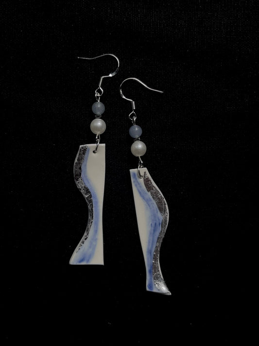 Chalice Fragment Earrings - Paired Blue & White Curves