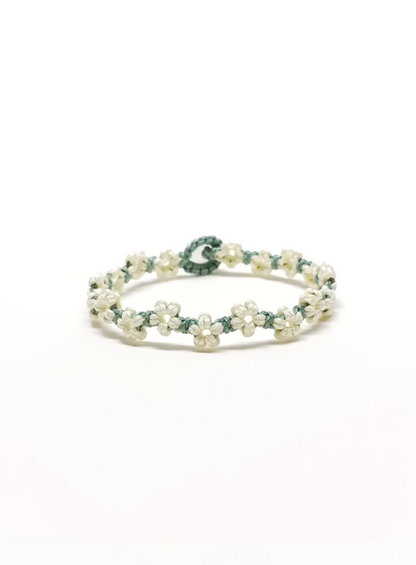 Evergreen Friendship Bracelet - Handwoven with Blooming White Florals