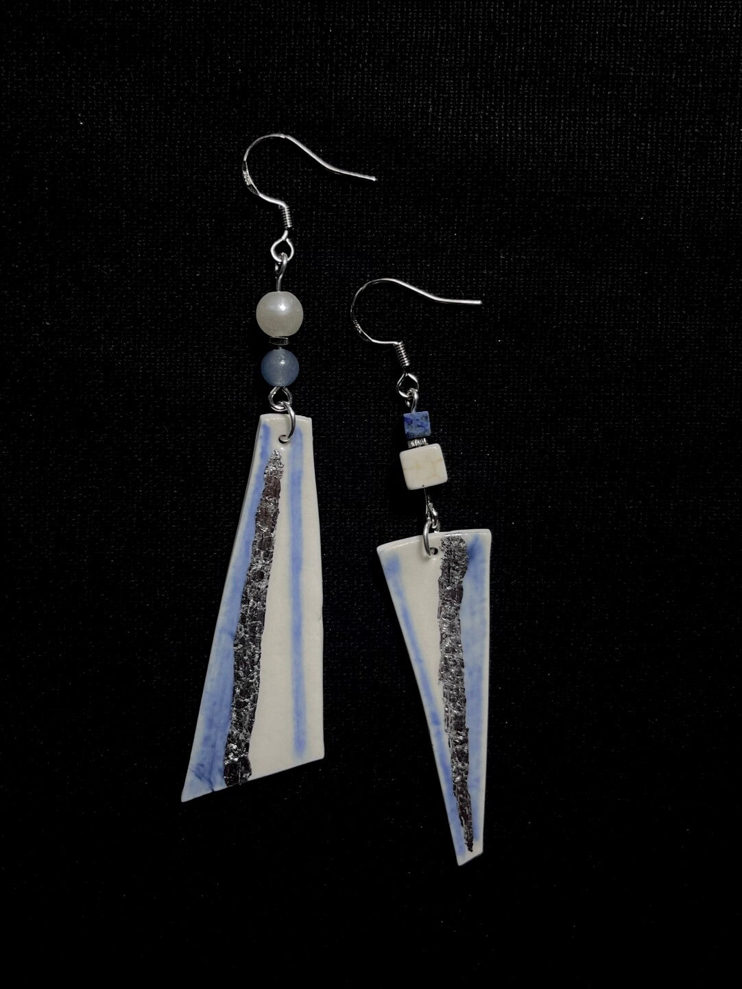 Feather Sliver Earrings - Delicate Blue & White Narrow Trapezoid