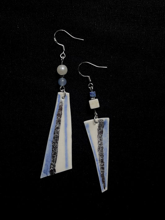 Feather Sliver Earrings - Delicate Blue & White Narrow Trapezoid