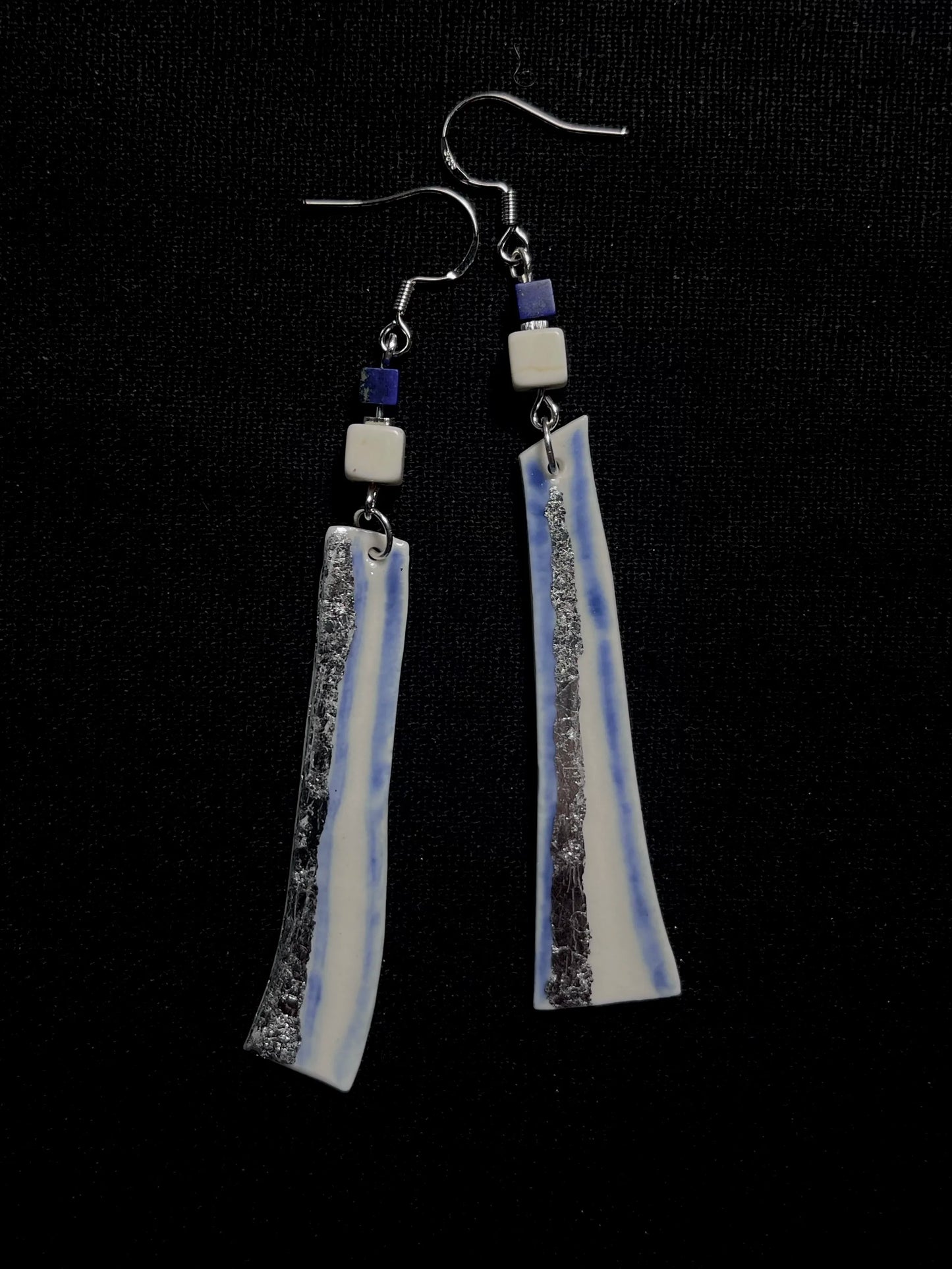 Feather Sliver Earrings - Delicate Blue & White Narrow Trapezoid