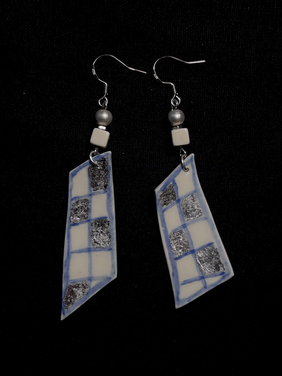 Glazed Grid Earrings - Blue, White & Silver Accent