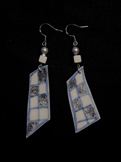 Glazed Grid Earrings - Blue, White & Silver Accent