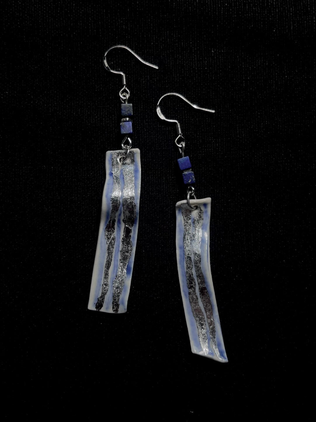 Gleam Stroke Earrings - Slender Curved Blue & White