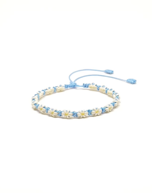 Handmade Blue Bracelet with White Flowers