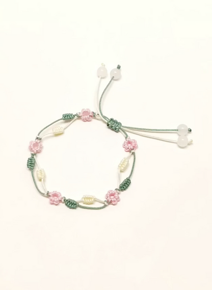 Handmade Pink Floral Bracelet with Leaves and Beads