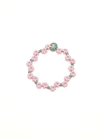 Handwoven Floral Chain Bracelet - Pink Blossoms on Green Vine