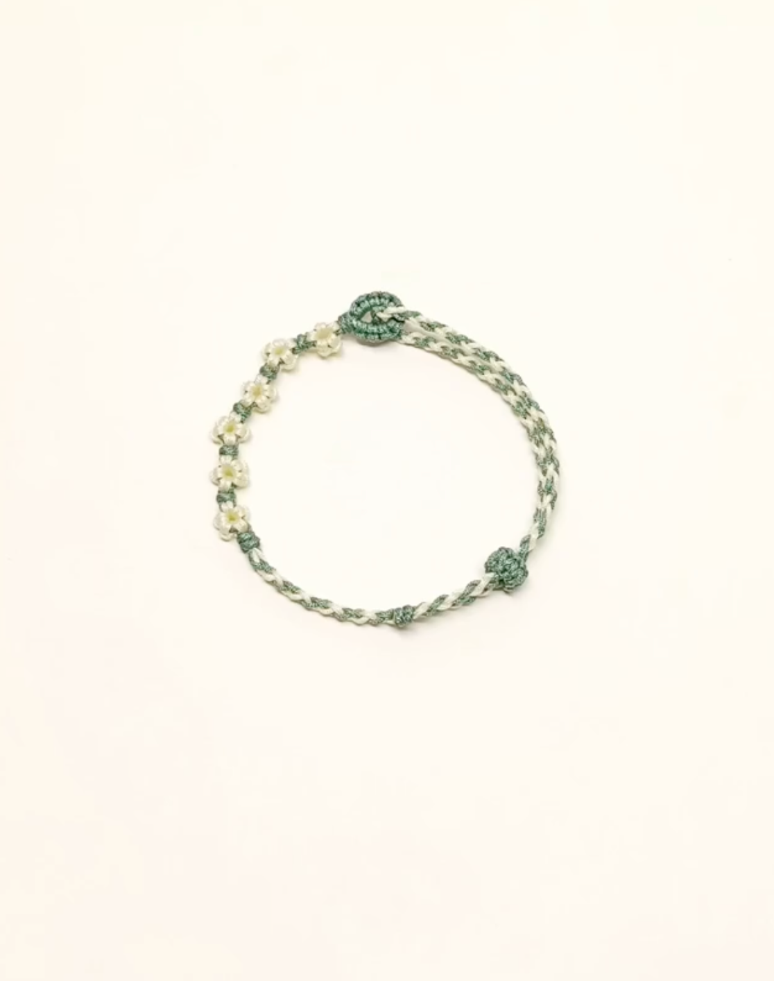 Handwoven Green Bracelet with White Florals