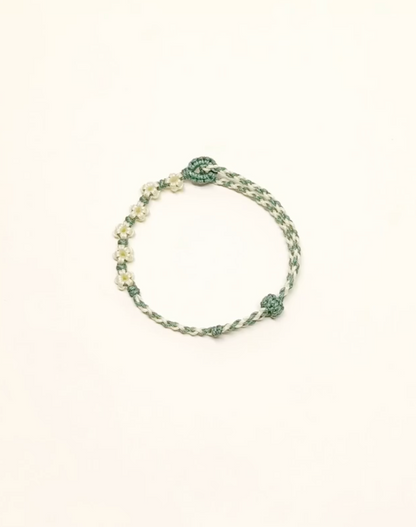 Handwoven Green Bracelet with White Florals