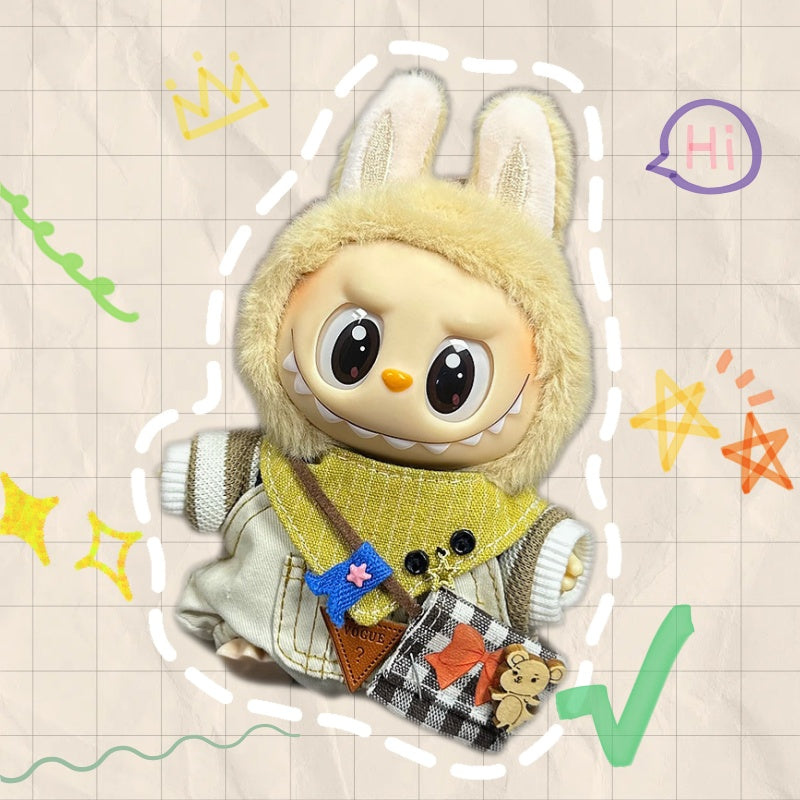 Labubu Outfit 17cm- Happy White Mouse (Sweater + Overalls + Scarf + Backpack)