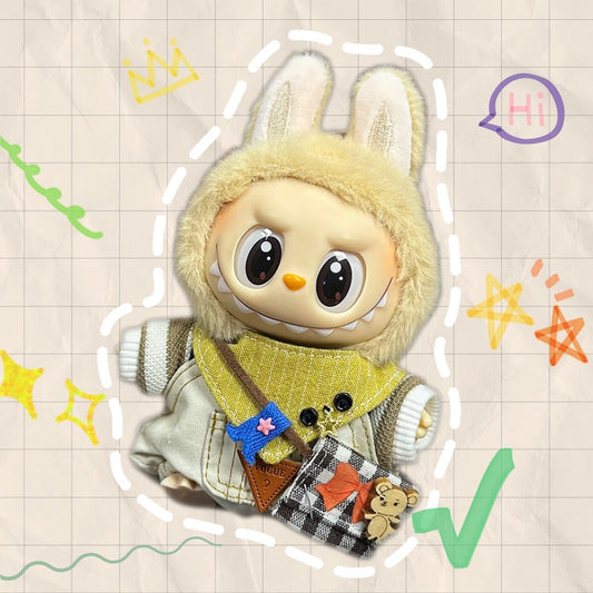 Labubu Outfit 17cm- Happy White Mouse (Sweater + Overalls + Scarf + Backpack)