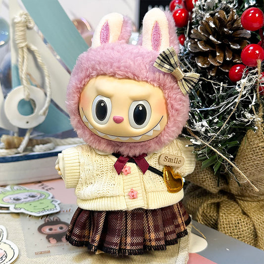 Labubu JK Uniform Set 17cm (Hair Accessory + Sweater + Shirt + Pleated Skirt + Crossbody Bag)