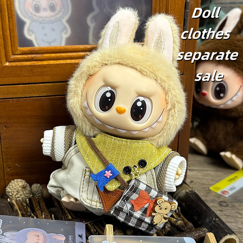 Labubu Outfit 17cm- Happy White Mouse (Sweater + Overalls + Scarf + Backpack)