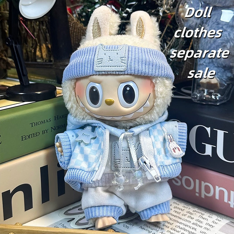 Labubu Clothes 17cm -Labubu Outfit - Sky Plaid Set (Headband + Jacket + Hoodie + Joggers)