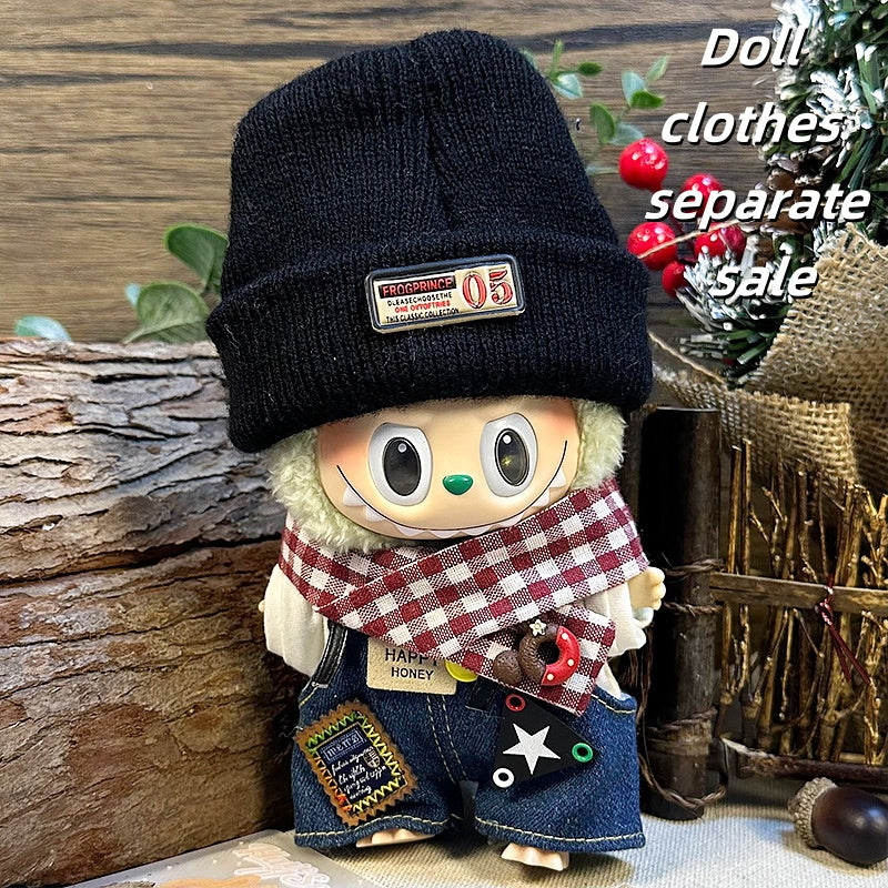 Labubu Clothes 17cm -Forest Series (Knit Hat + Overalls + White Hoodie + Scarf)