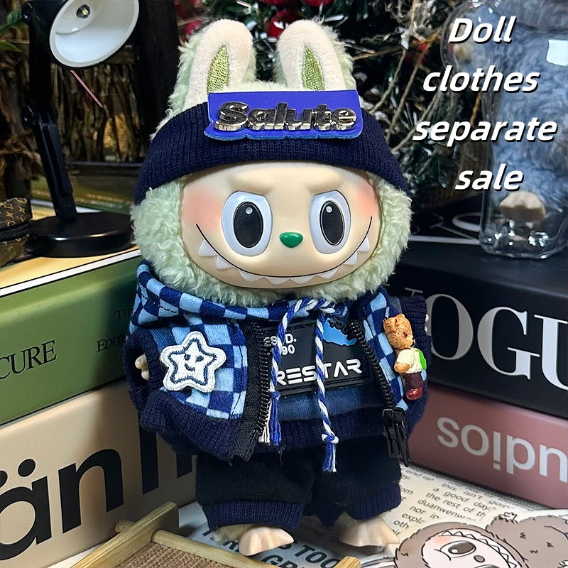 Labubu Clothes 17cm-Navy Plaid Set (Headband + Jacket + Hoodie + Joggers)