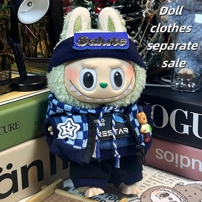 Labubu Clothes 17cm-Navy Plaid Set (Headband + Jacket + Hoodie + Joggers)